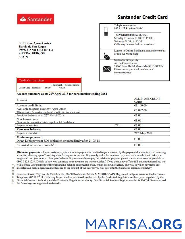Blank Spain Santander credit card proof of address bank statement word real example